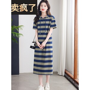 夏季条纹连衣裙2025妇女的新直宽松连帽运动衫休闲运动长t恤裙子