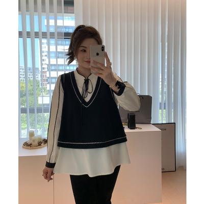 【胖佳佳】品味在线 系带长袖衬衫马甲撞色绣花两件套H624A10809