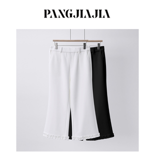 胖佳佳 夏季 胖妹妹mm大码 花边微喇高弹休闲裤 显瘦宽松长裤 女装