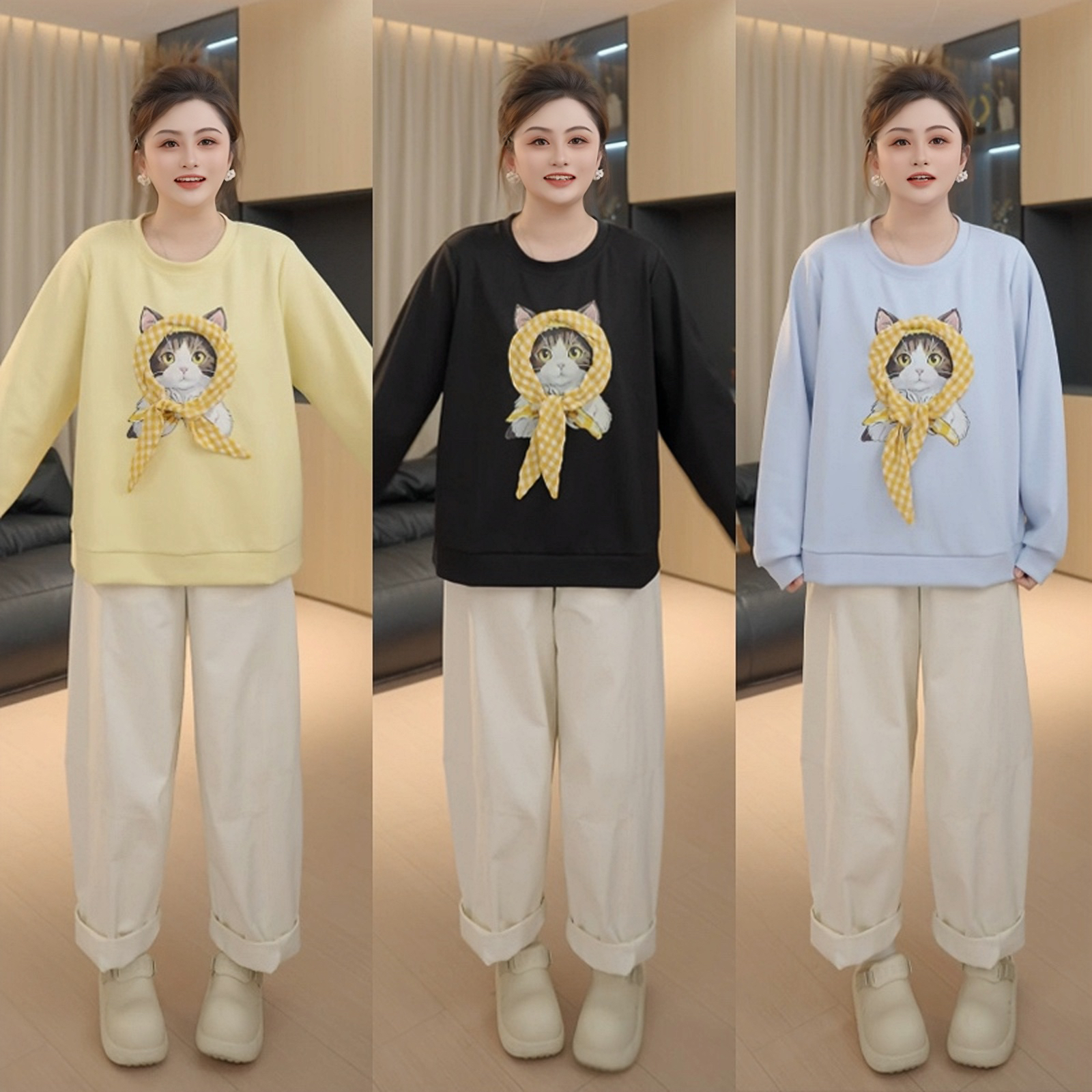 【胖佳佳】头巾猫咪 圆领印花卫衣2025秋季新款时尚设计感上衣女