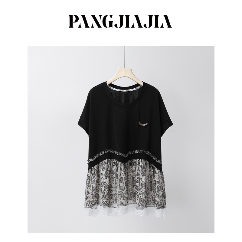 【胖佳佳】繁花 撞色蕾丝拼接短袖雪纺衫夏季气质显瘦H625E11202