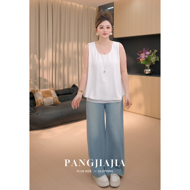 【胖佳佳】胖mm大码女装月影纱背心夏季薄款气质显瘦百搭雪纺上衣