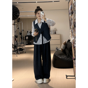 胖佳佳 小香马甲长裤 胖妹妹mm大码 蓝调时刻印花衬衫 三件套 女装