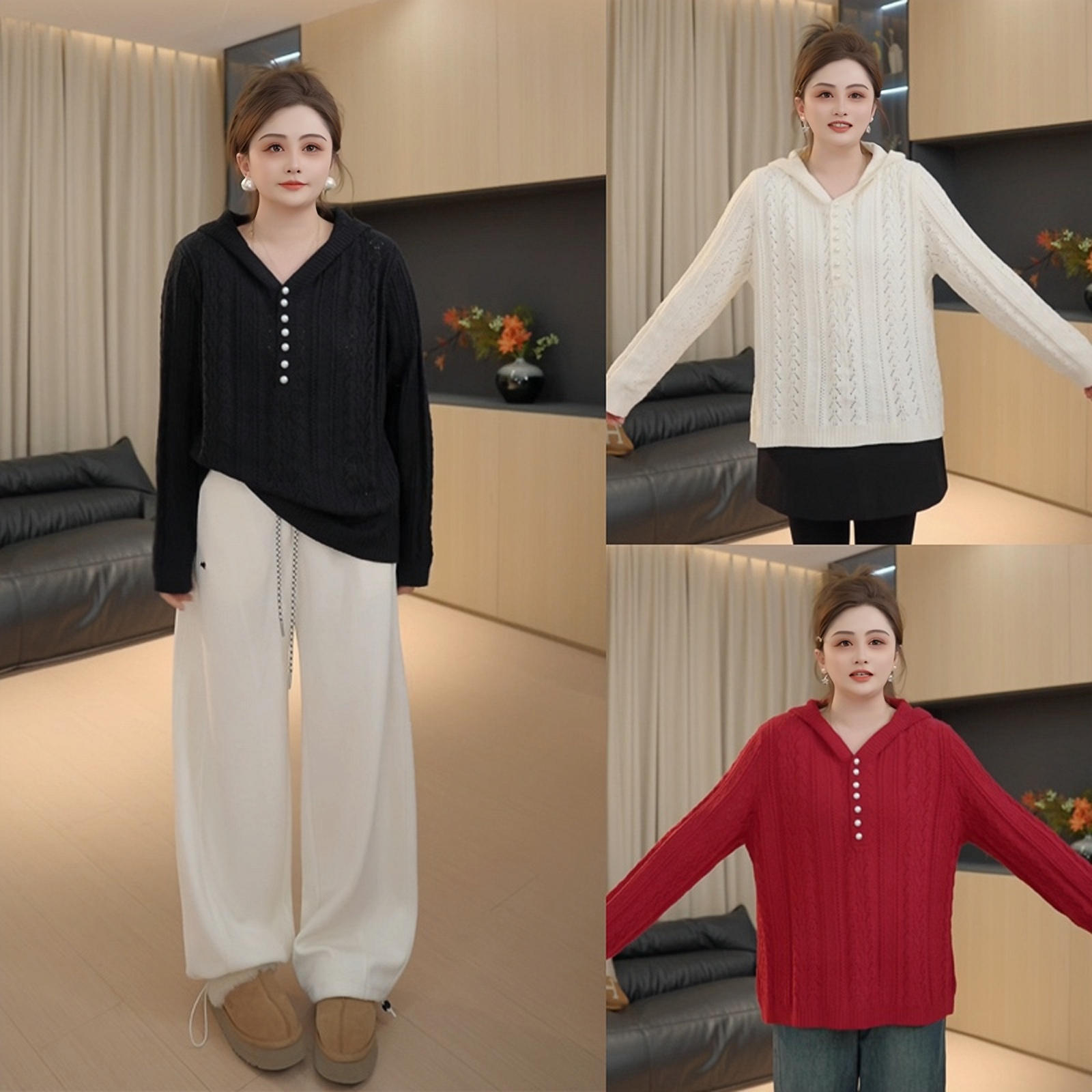 【胖佳佳】安娜日记 长袖连帽毛衣2025秋季新款百搭镂空针织衫女