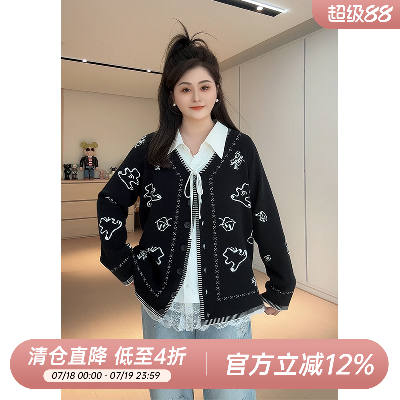【胖佳佳】姜饼人 v领针织开衫时尚撞色印花毛衣外套H625Z01270
