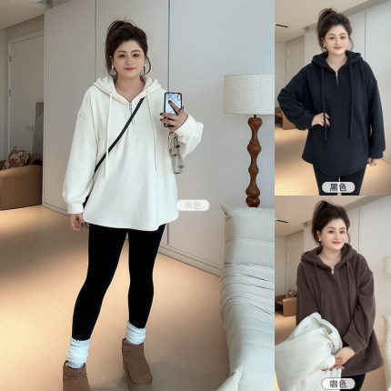 【胖佳佳】奥粒 加绒连帽卫衣秋冬宽松百搭加厚上衣女H624D18414