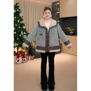布拉格冬季 女装 胖妹妹mm大码 加绒加厚拼接皮牛仔外套 胖佳佳