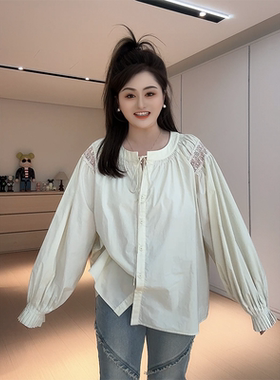 【胖佳佳】日杂暖阳 纯棉衬衫减龄蕾丝拼接圆领小衫女H625Z01292