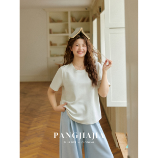 胖佳佳 新款 胖妹妹mm大码 糖果滑滑T恤女夏季 宽松圆领体恤 女装