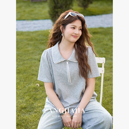 【胖佳佳】胖妹妹mm大码女装松露POLO短袖T恤夏季撞色花边领上衣