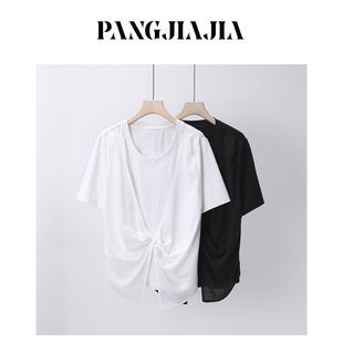 女装 胖mm大码 胖佳佳 上衣 时尚 雪纺拼接假两件短袖 扭扭T恤夏季