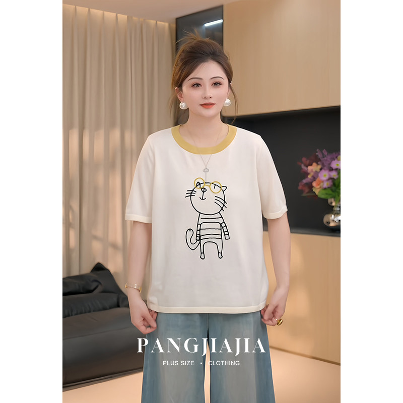 【胖佳佳】胖mm大码女装心动小猫短袖针织衫夏季时尚减龄撞色上衣