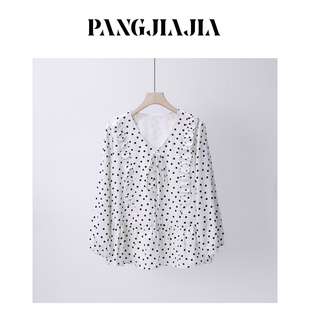 胖佳佳 夏季 胖妹妹mm大码 波点苏打v领雪纺衫 显瘦宽松衬衫 女装