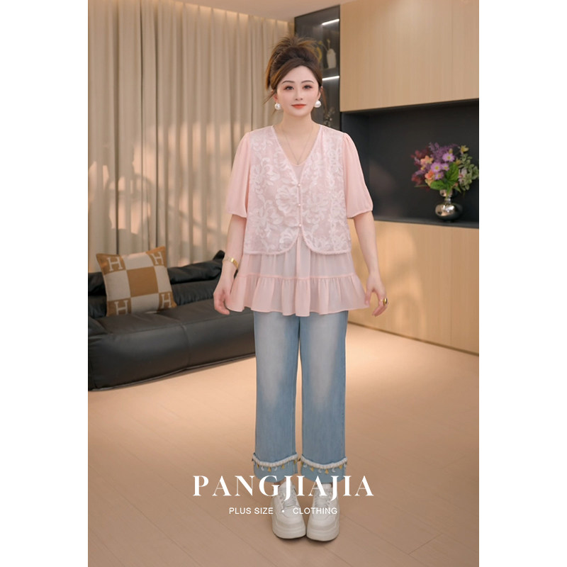 【胖佳佳】胖mm大码女装西柚冰茶短袖雪纺衫夏季高级蕾丝绣花上衣