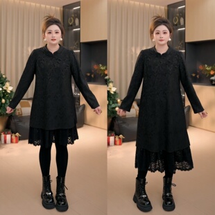 【胖佳佳】胖妹妹mm大码女装国色芳华加绒盘扣连衣裙提花蕾丝长裙