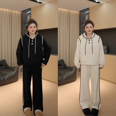 【胖佳佳】那布勒斯 加绒加厚撞色连帽卫衣卫裤两件套H624Z20542