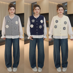 假两件长袖 向阳花 毛衣秋季 时尚 女 立体钩花针织衫 胖佳佳