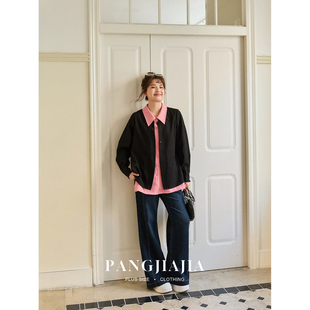 胖佳佳 冬季 胖妹妹mm大码 反光板提肤色撞色衬衫 假两件小衫 女装