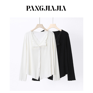 胖佳佳 T恤冬季 胖妹妹mm大码 天鹅颈花边长袖 显瘦针织上衣 女装