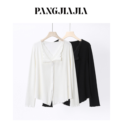 【胖佳佳】胖妹妹mm大码女装天鹅颈花边长袖T恤冬季显瘦针织上衣