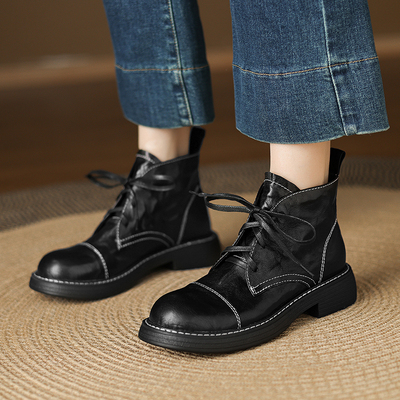 法式圆头厚底系带短靴女2025秋冬新款英伦风百搭拼色马丁靴瘦瘦靴