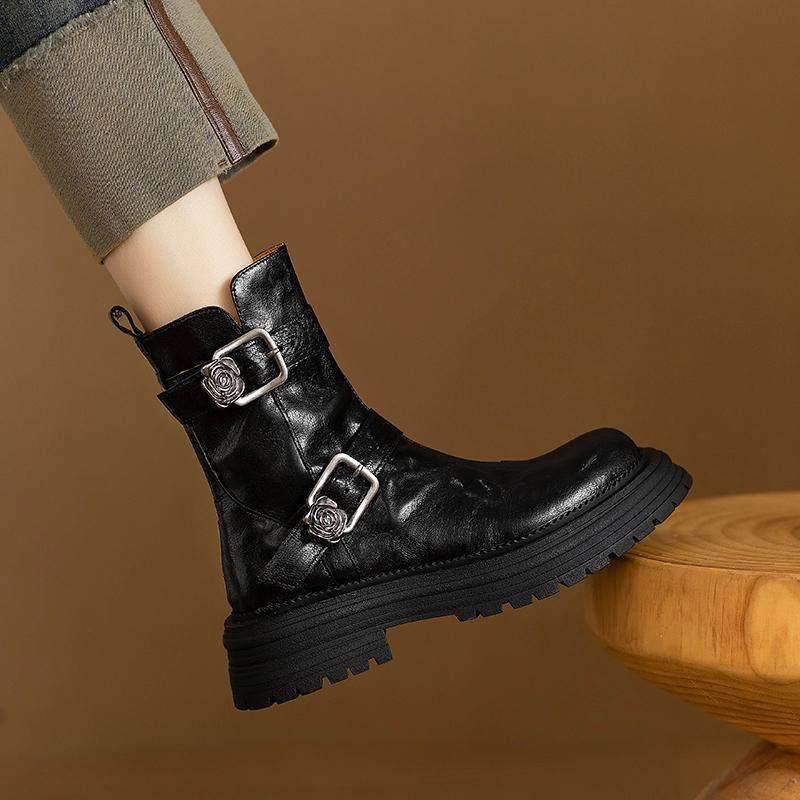 圆头皮带扣马丁靴女手抓纹侧拉链瘦瘦靴金属花朵粗跟厚底舒适短靴