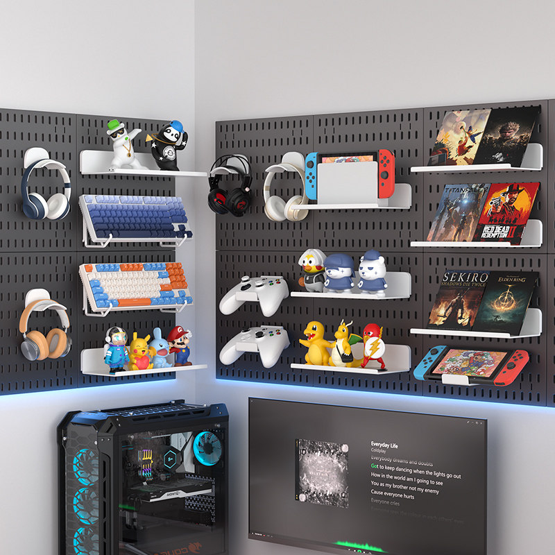 游戏室孔板黑墙把手耳机支架键盘显示架墙挂装饰存储架,收纳整理,整理架/置物架/收纳架,淘宝优惠券,粉丝福利购,淘宝优惠卷