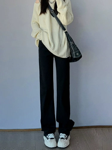 Черные осенние прямые свободные джинсы, штаны, приталенные длинные леггинсы, высокая талия, облегающий крой