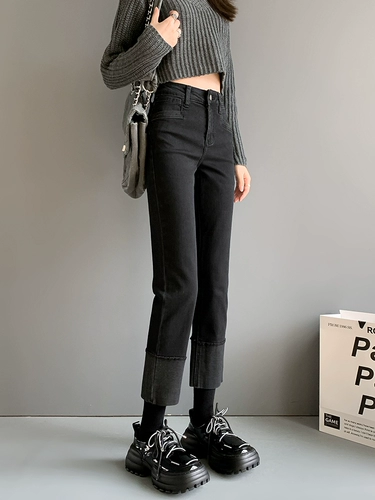 Черные приталенные прямые свободные джинсы, осенние штаны, высокая талия, по фигуре, подходит для подростков