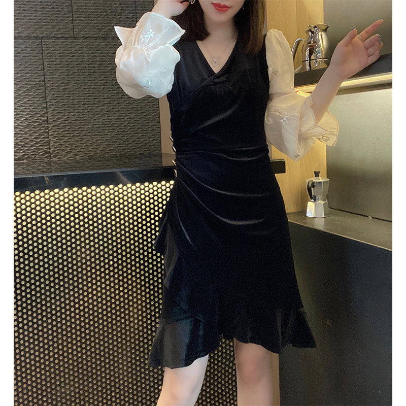 法式收腰气质荷叶边裙名媛丝绒连衣裙欧洲站2020秋季女装新款欧货