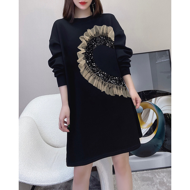 黑色气质减龄网纱拼接宽松卫衣连衣裙欧洲站2022春季女装新款欧货