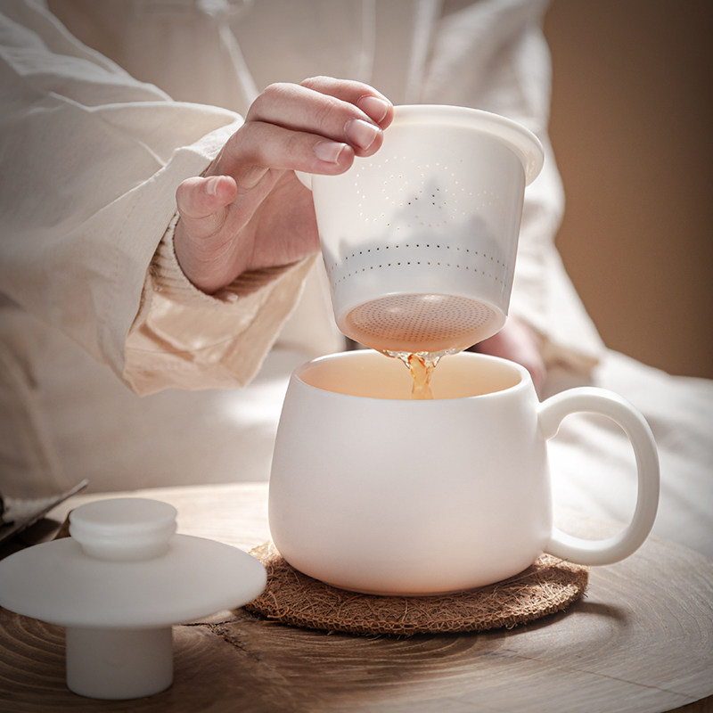 白瓷羊脂玉带盖子过滤办公杯带内胆茶水分离水杯个人陶瓷大号泡茶