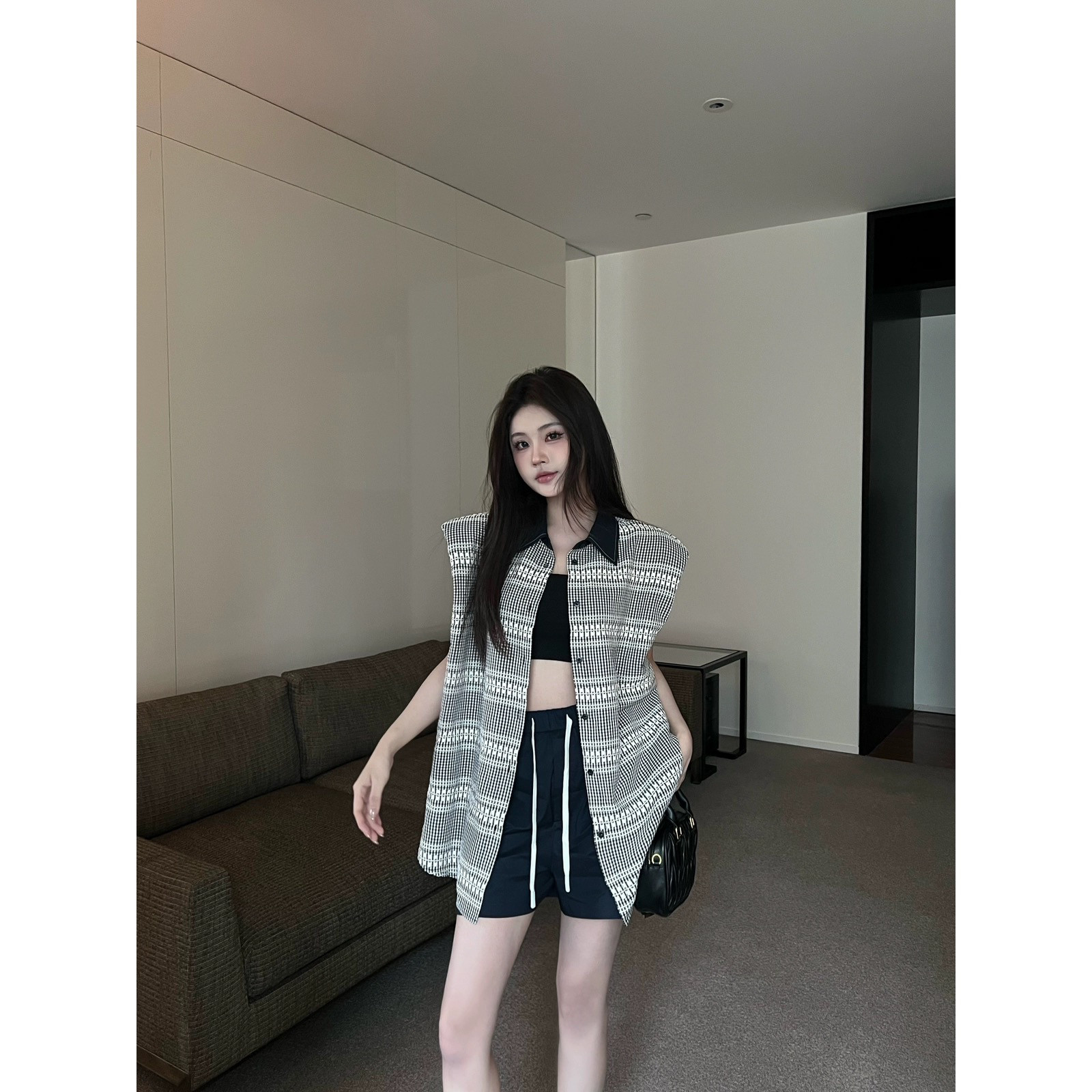 金cc高定款100%亚麻 韩版休闲百搭上衣格子衬衫+休闲短裤两件套女