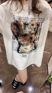 饰慵懒短袖 原创设计美式 小狗印花实物装 休闲t恤情侣装 女 宽松大版