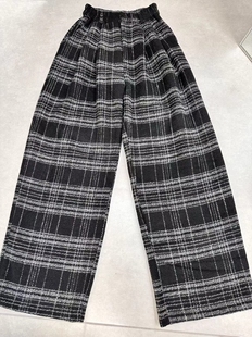 后松紧腰磨毛阔腿裤 通勤学院风复古格子毛呢裤 女 韩版 2024秋冬新款