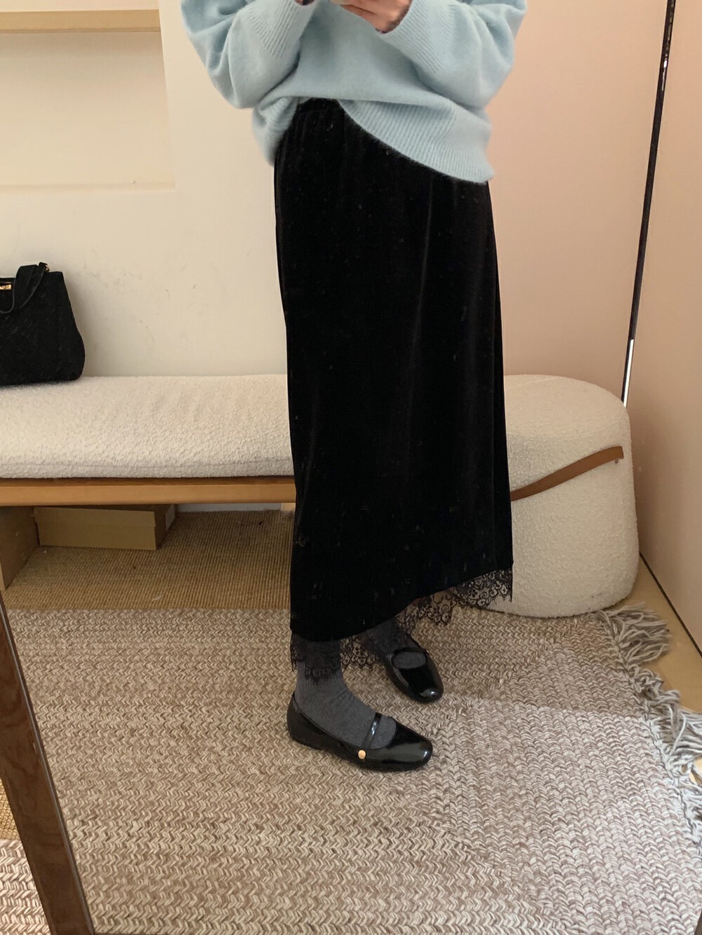 金cc镂空蕾丝拼接下摆直筒半身裙秋冬新款高级感加厚丝绒包臀长裙
