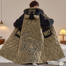 男士睡衣秋冬季珊瑚绒三层夹棉加厚加绒睡袍浴袍加肥加大码家居服