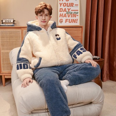 新款男士加厚加绒珊瑚绒睡衣