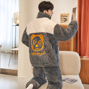 保暖冬天家居服超厚 珊瑚绒加厚加绒三层夹棉袄秋冬款 男士 睡衣冬季