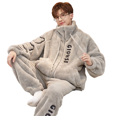 男加厚加绒珊瑚绒可外穿睡衣冬季