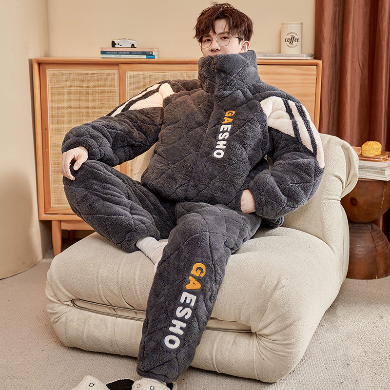 新款男款珊瑚绒三层夹棉睡衣