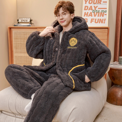 睡衣男款秋冬季珊瑚绒三层夹棉