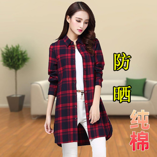 2025春秋季中长款格子衬衫女长袖韩版宽松港味上衣外套大码防晒衣