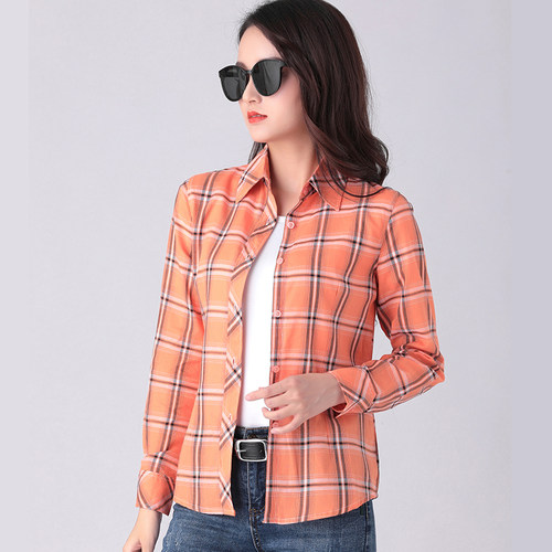 修身长袖纯棉格子衬衫女