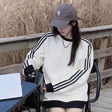 2025新款秋百搭运动休闲通勤风圆领条纹卫衣女宽松长袖上衣情侣款
