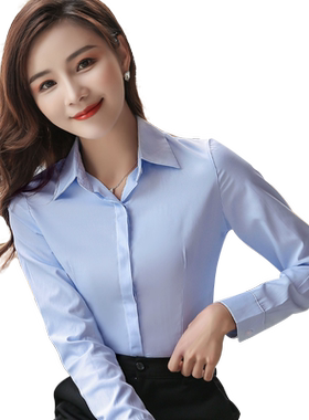 方领暗扣春秋正装浅蓝工作服衬衫