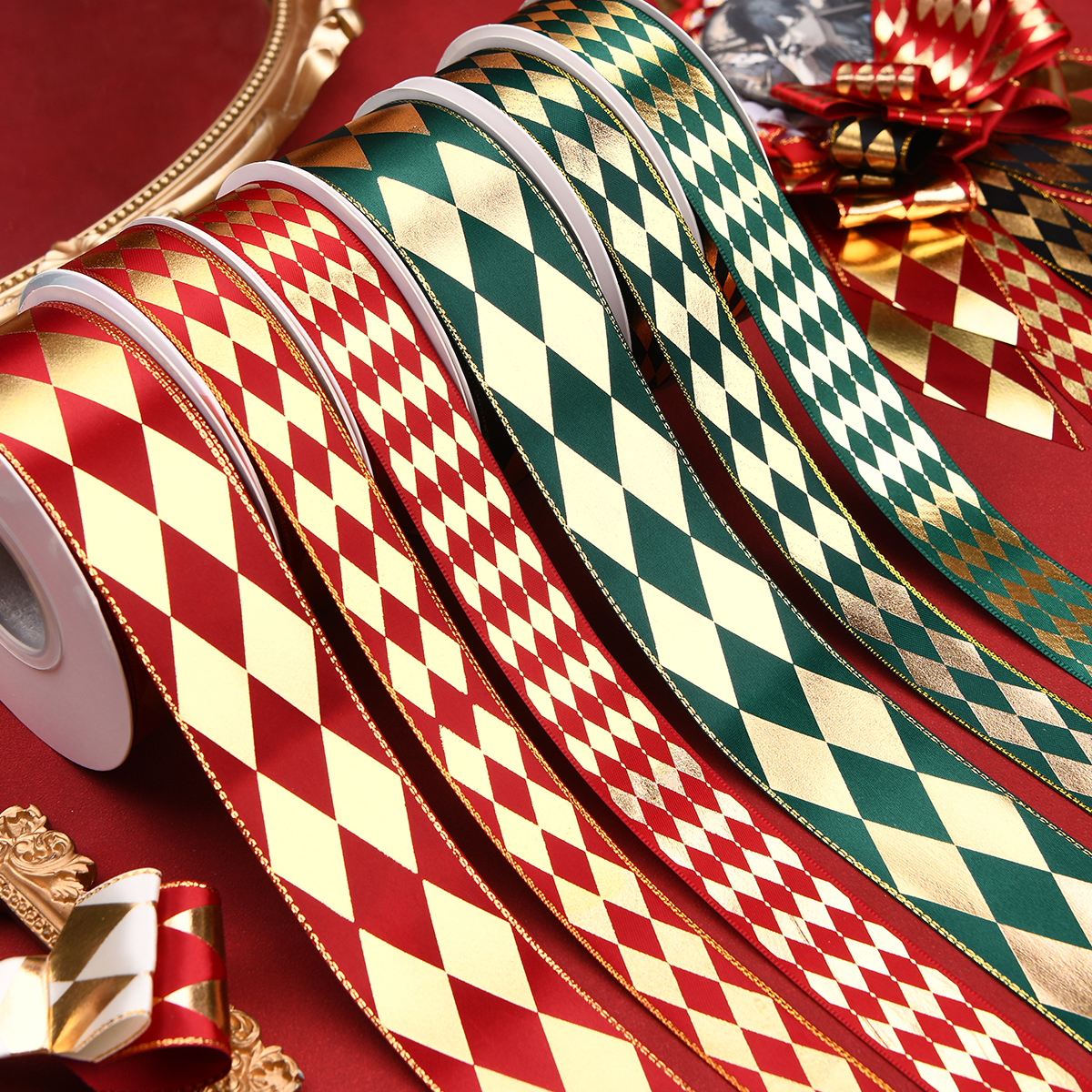 圣诞菱形格礼物品打包装丝带高级烫金彩带氛围感手工礼盒装饰缎带