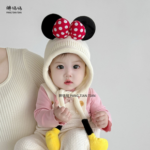 婴儿帽子冬季女童蝴蝶结针织护耳帽秋冬款女孩宝宝加厚防风毛线帽