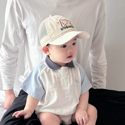 婴儿防晒帽子夏季男孩小熊网格棒球帽纯棉婴儿童男宝宝遮阳鸭舌帽