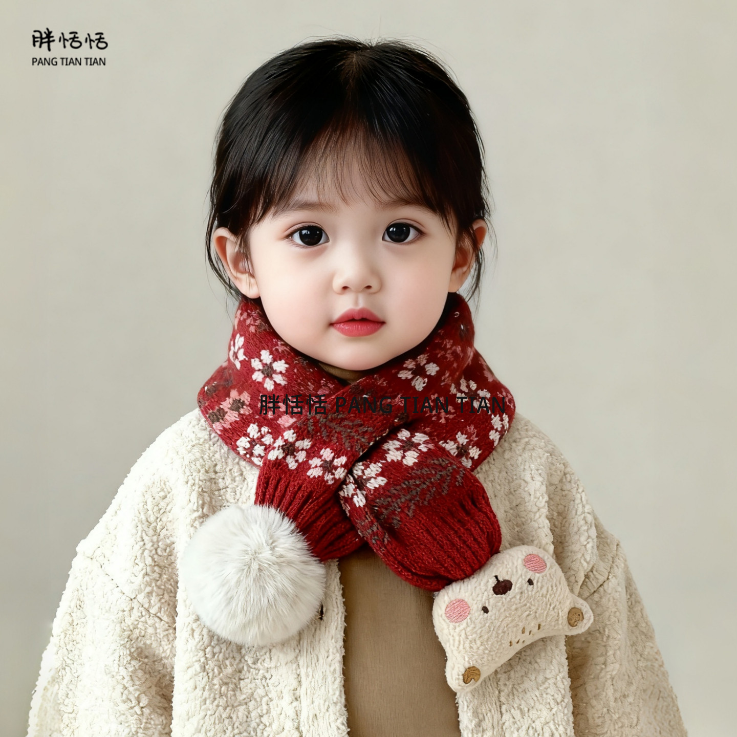 儿童围巾冬季红色加厚女孩针织围脖新年圣诞男宝宝保暖防风交叉巾